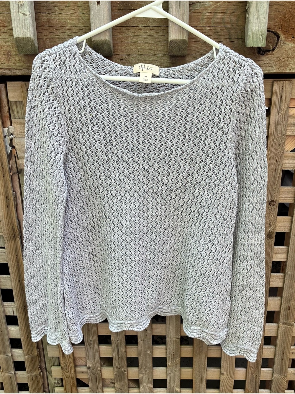Style & Co. Light Gray Open Knit Scoop Neck Sweater